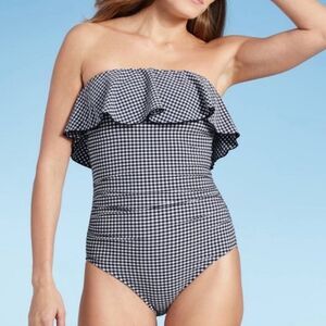 KONA SOL Gingham Flounce High Coverage One Piece Swimsuit Navy White Small